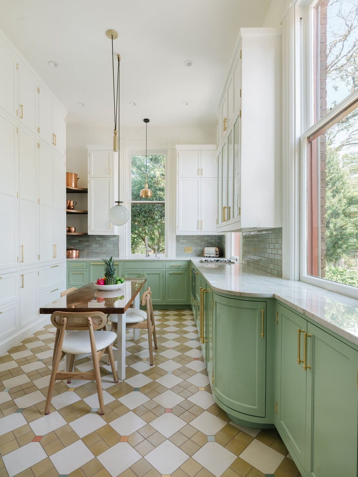 Mint Charm Kitchen with Retro Tile Floor