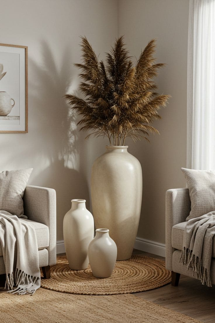 Neutral Ceramic Vases with Pampas Grass