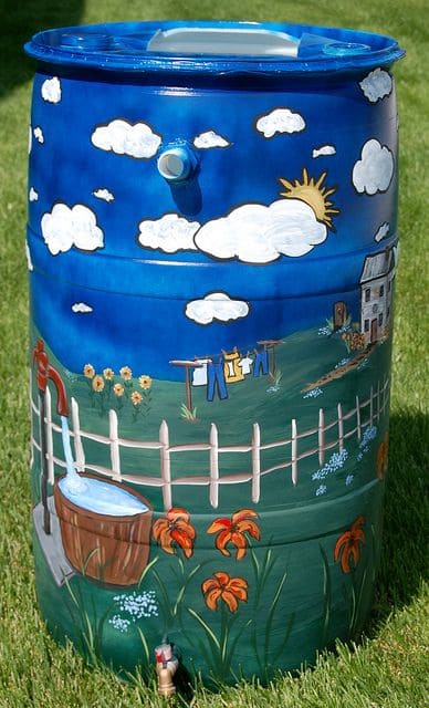Sunny Countryside Rain Barrel Scene