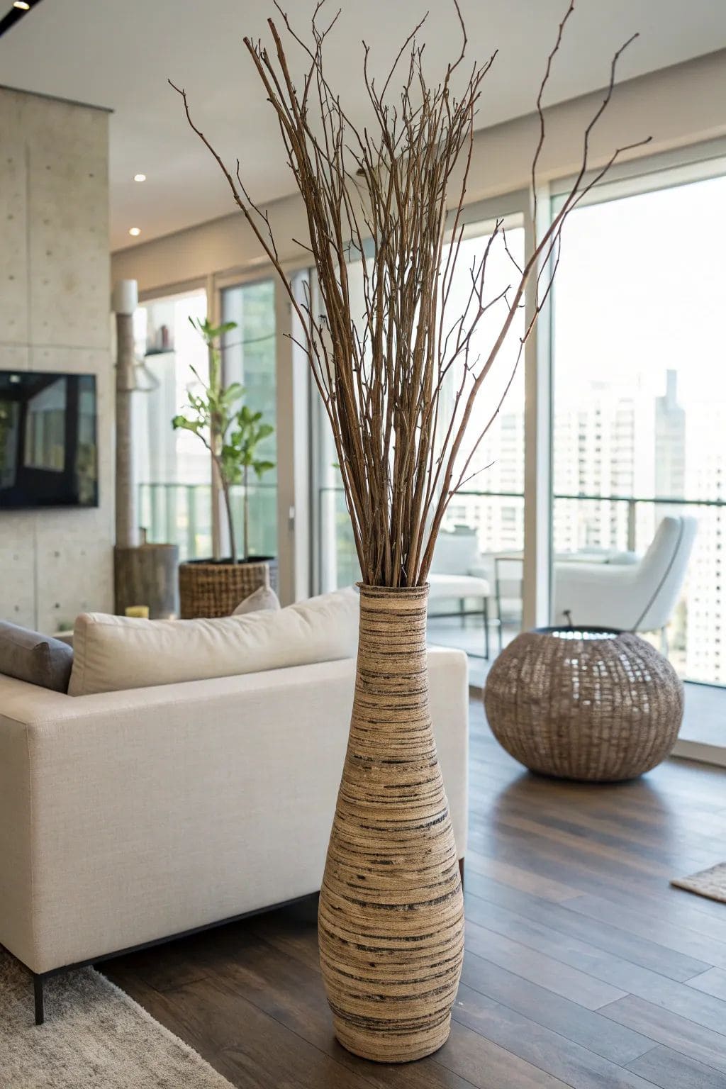 Tall Woven Vase with Natural Branches