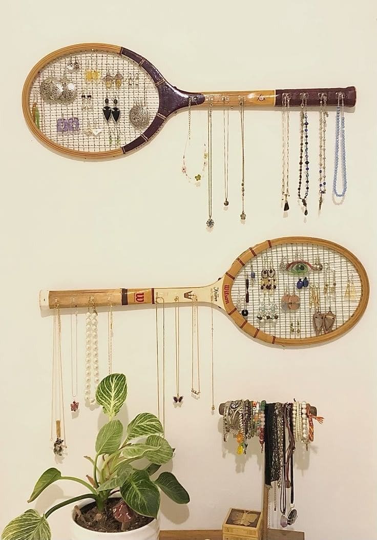 Upcycled Tennis Racket Jewelry Display