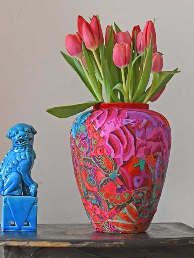 Vibrant Patchwork Vase with Tulips
