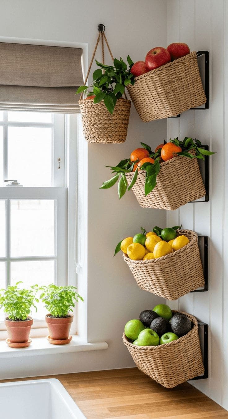 Wall-Mounted Wicker Basket Display