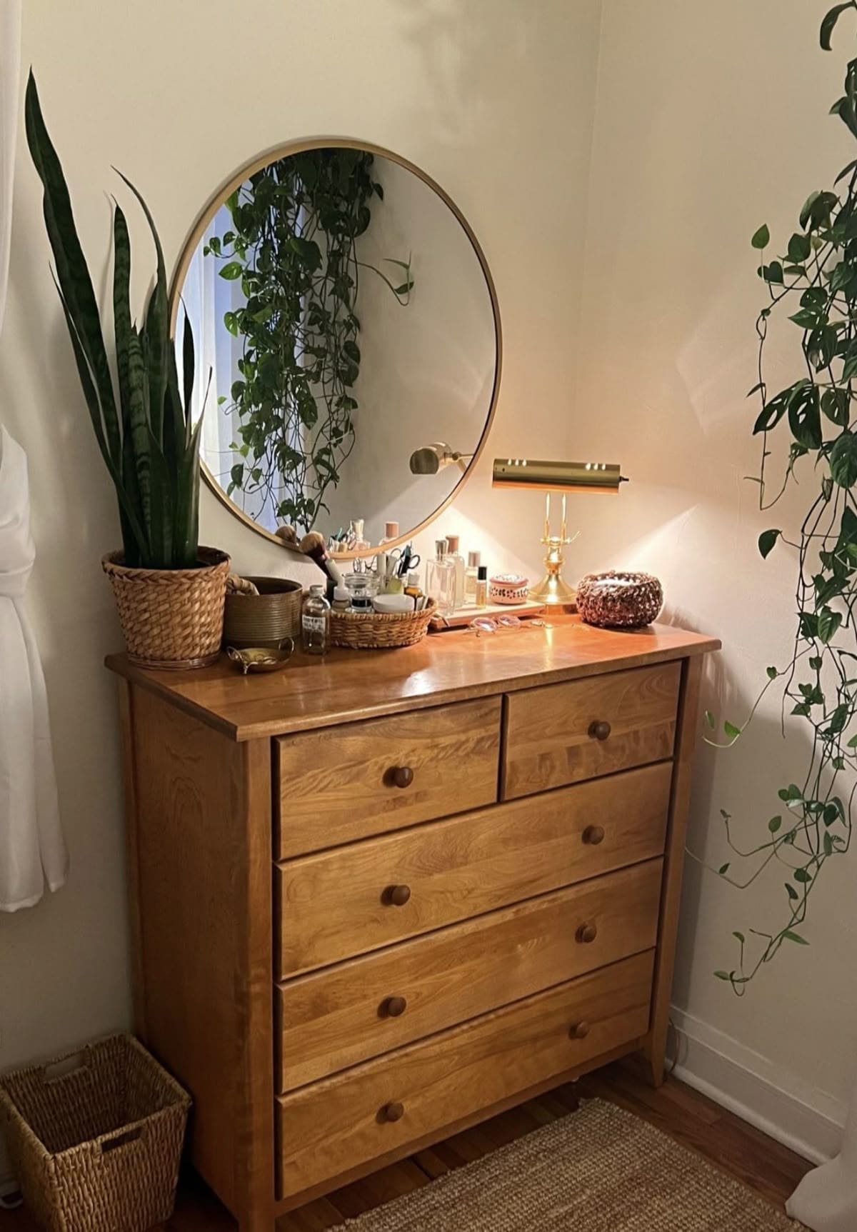 Warm Wood and Greenery Dresser Corner