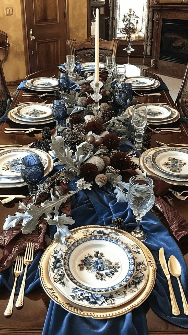 Elegant Blue Velvet Thanksgiving Table